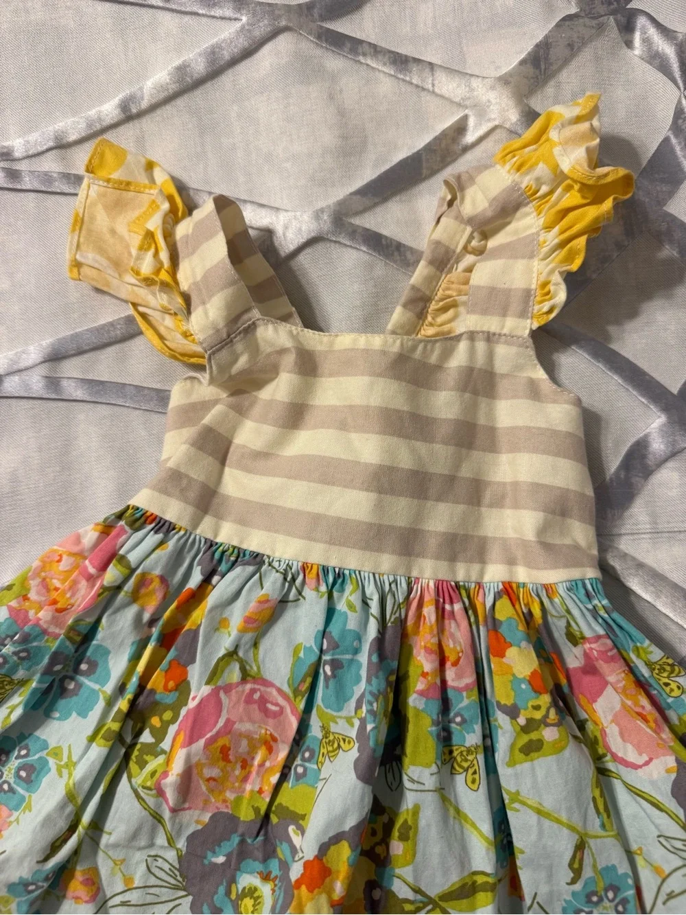 cheeky plum Yellow, Pink & Blue Floral Ruffle Dress 100% cotton made in USA